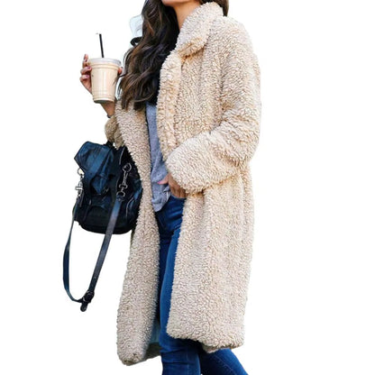 Women Winter Thicken Plush Lapel Solid Color Long Sleeve Warm Cardigan Wool Midi Coat Velvet Long Coat Fashion Ladies Clothes