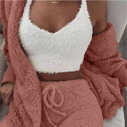 2024 New Winter Women Velvet Pajamas Set Sexy V Neck Crop Top+Shorts+Cardigans Coat 3 Pieces Suit Warm Thick Homewear Outfit 3XL