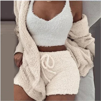 2024 New Winter Women Velvet Pajamas Set Sexy V Neck Crop Top+Shorts+Cardigans Coat 3 Pieces Suit Warm Thick Homewear Outfit 3XL