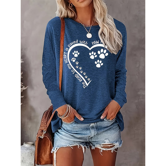 Dog Paw Heart Print Long Sleeve T-Shirt for Women - Dog Mom Graphic Crewneck Top