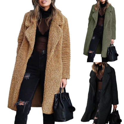 Women Winter Thicken Plush Lapel Solid Color Long Sleeve Warm Cardigan Wool Midi Coat Velvet Long Coat Fashion Ladies Clothes