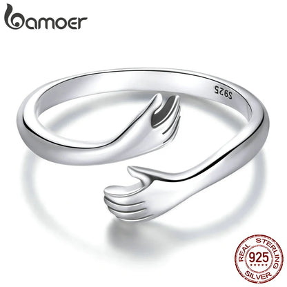 925 Sterling Silver Hug Warmth and Love Hand Adjustable Ring for Women Party Jewelry, His Big Loving Hugs Ring 3 Colors