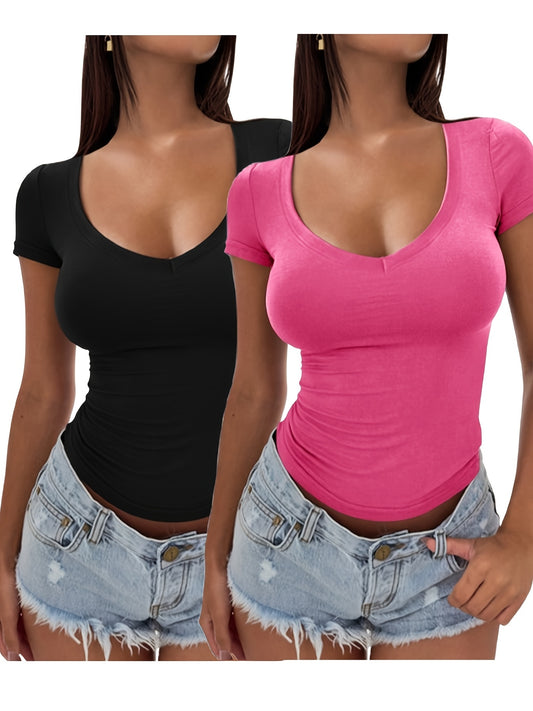2 Piece Women's Y2K Slim Fit V-Neck Short Sleeve T-Shirt Set