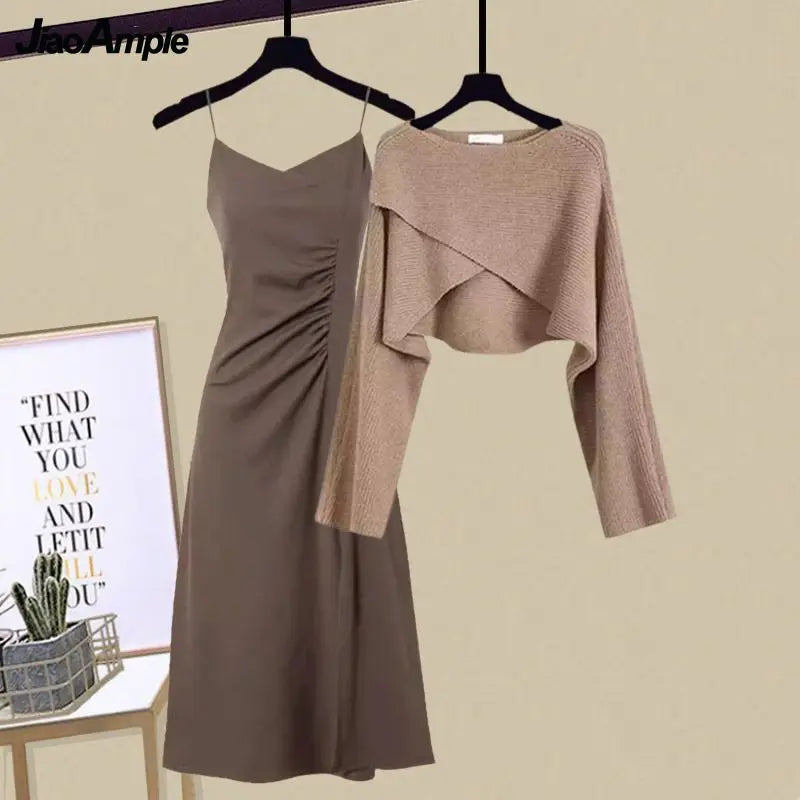 2025 Spring Autumn New Dress Matching Set Women'S Chic Irregular Knit Sweater Sling Skirt Two Piece Korean Elegant Pullover Suit