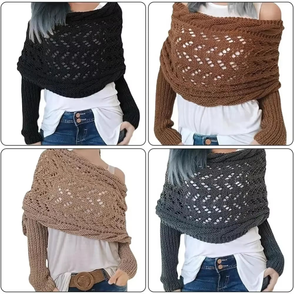 Sweater Scarf with Sleeves Women, Soft Knitted Cable Wrap, New Fashionable Shawl, Windproof Warm Shrugs for Women Autumn Winter