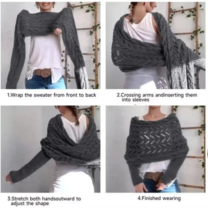 Sweater Scarf with Sleeves Women, Soft Knitted Cable Wrap, New Fashionable Shawl, Windproof Warm Shrugs for Women Autumn Winter