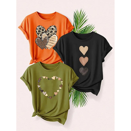 3PCS Women's Love Heart Leopard Print Short Sleeve Crew Neck Casual Summer T Shirts