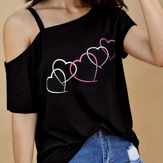 Ladies Fashion Asymmetrical Neck Heart Printed Casual Pullover Top