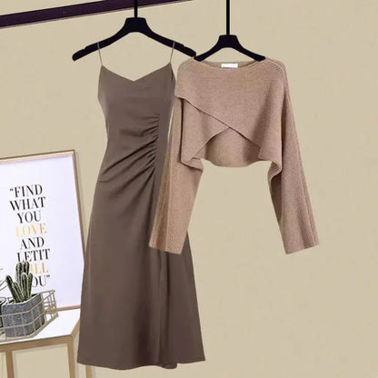 2025 Spring Autumn New Dress Matching Set Women'S Chic Irregular Knit Sweater Sling Skirt Two Piece Korean Elegant Pullover Suit