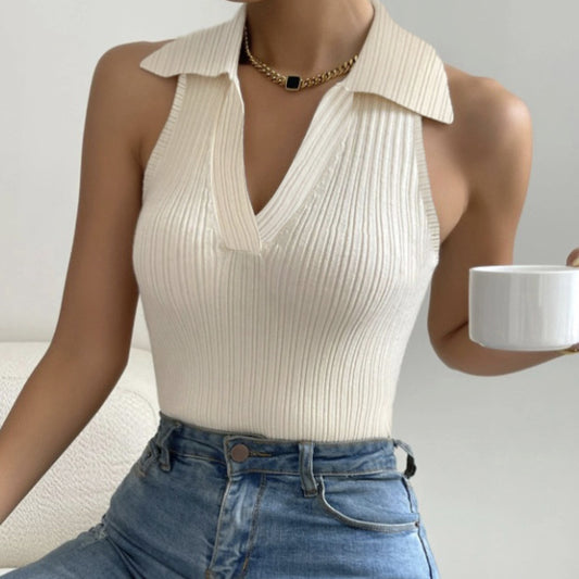 Ladies Fashion Casual Solid Color Lapel Halter Vest Top