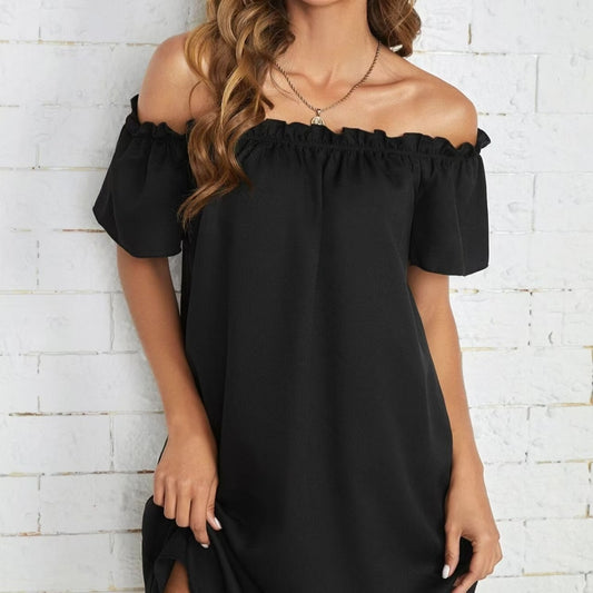 Ladies Fashion Off Shoulder Ruffle Solid Color One Shoulder Casual Dress