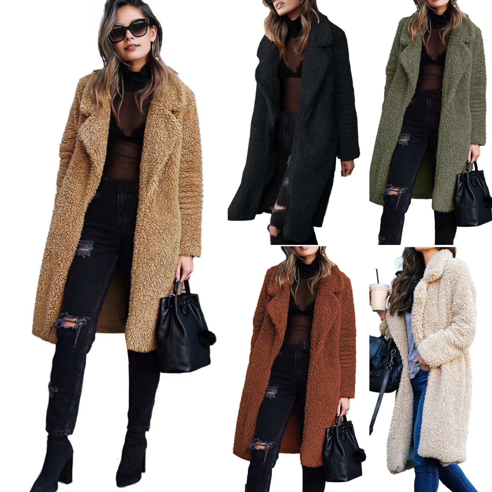 Women Winter Thicken Plush Lapel Solid Color Long Sleeve Warm Cardigan Wool Midi Coat Velvet Long Coat Fashion Ladies Clothes