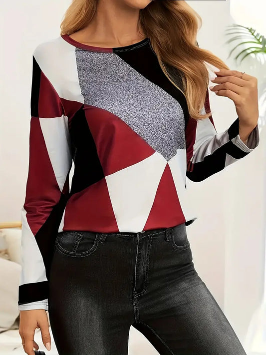 Autumn Winter Fashion Color Block Print Long Sleeve Crew Neck T-shirt