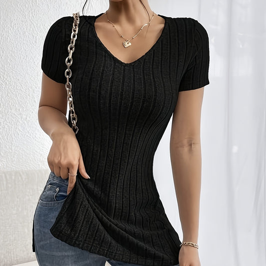 Ladies Fashion Casual V-neck Solid Color Split Shoulder T-shirt