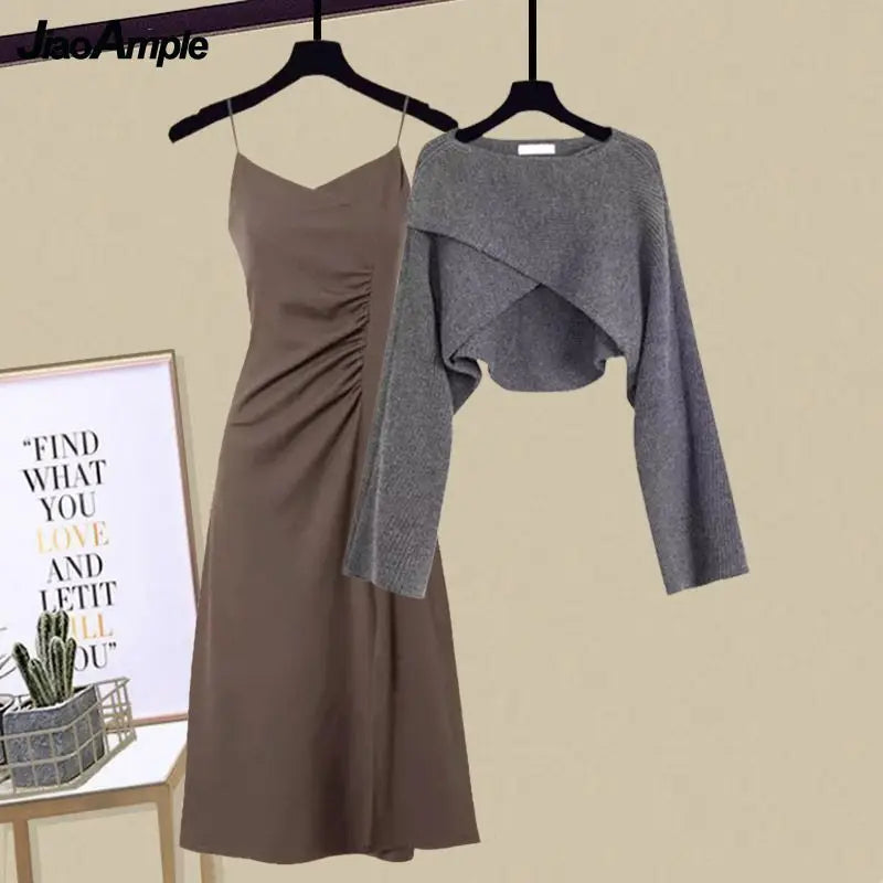 2025 Spring Autumn New Dress Matching Set Women'S Chic Irregular Knit Sweater Sling Skirt Two Piece Korean Elegant Pullover Suit